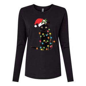 Santa Black Cat Tangled Up In Christmas Tree Lights Holiday Gift Womens Cotton Relaxed Long Sleeve T-Shirt