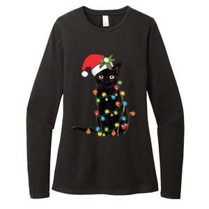 Santa Black Cat Tangled Up In Christmas Tree Lights Holiday Gift Womens CVC Long Sleeve Shirt