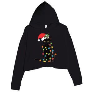 Santa Black Cat Tangled Up In Christmas Tree Lights Holiday Gift Crop Fleece Hoodie