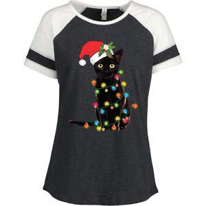 Santa Black Cat Tangled Up In Christmas Tree Lights Holiday Gift Enza Ladies Jersey Colorblock Tee