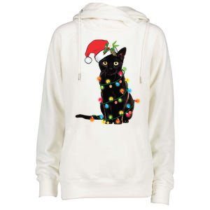 Santa Black Cat Tangled Up In Christmas Tree Lights Holiday Gift Womens Funnel Neck Pullover Hood