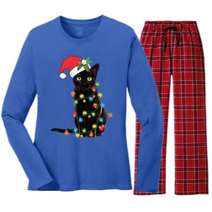 Santa Black Cat Tangled Up In Christmas Tree Lights Holiday Gift Women's Long Sleeve Flannel Pajama Set 