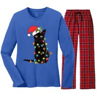 Santa Black Cat Tangled Up In Christmas Tree Lights Holiday Gift Women's Long Sleeve Flannel Pajama Set 