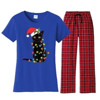 Santa Black Cat Tangled Up In Christmas Tree Lights Holiday Gift Women's Flannel Pajama Set