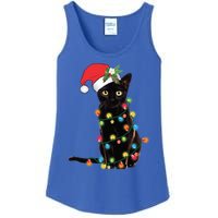 Santa Black Cat Tangled Up In Christmas Tree Lights Holiday Gift Ladies Essential Tank