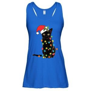 Santa Black Cat Tangled Up In Christmas Tree Lights Holiday Gift Ladies Essential Flowy Tank