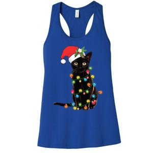 Santa Black Cat Tangled Up In Christmas Tree Lights Holiday Gift Women's Racerback Tank