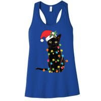 Santa Black Cat Tangled Up In Christmas Tree Lights Holiday Gift Women's Racerback Tank