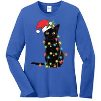 Santa Black Cat Tangled Up In Christmas Tree Lights Holiday Gift Ladies Long Sleeve Shirt