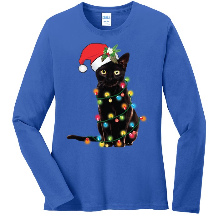 Santa Black Cat Tangled Up In Christmas Tree Lights Holiday Gift Ladies Long Sleeve Shirt