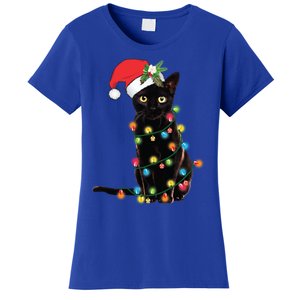 Santa Black Cat Tangled Up In Christmas Tree Lights Holiday Gift Women's T-Shirt