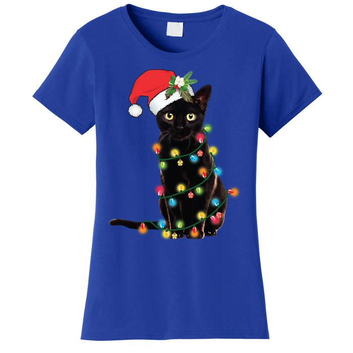 Santa Black Cat Tangled Up In Christmas Tree Lights Holiday Gift Women's T-Shirt