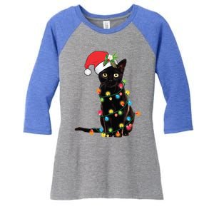 Santa Black Cat Tangled Up In Christmas Tree Lights Holiday Gift Women's Tri-Blend 3/4-Sleeve Raglan Shirt