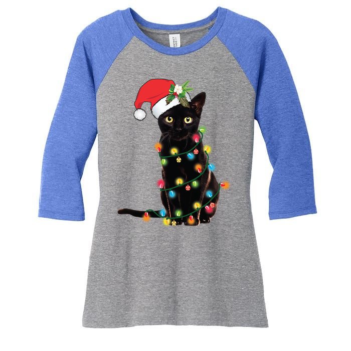 Santa Black Cat Tangled Up In Christmas Tree Lights Holiday Gift Women's Tri-Blend 3/4-Sleeve Raglan Shirt