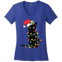 Santa Black Cat Tangled Up In Christmas Tree Lights Holiday Gift Women's V-Neck T-Shirt