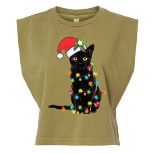 Santa Black Cat Tangled Up In Christmas Tree Lights Holiday Gift Garment-Dyed Women's Muscle Tee