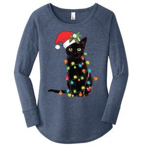 Santa Black Cat Tangled Up In Christmas Tree Lights Holiday Gift Women's Perfect Tri Tunic Long Sleeve Shirt