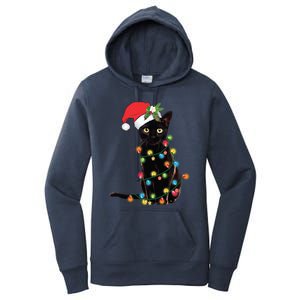 Santa Black Cat Tangled Up In Christmas Tree Lights Holiday Gift Women's Pullover Hoodie