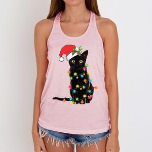 Santa Black Cat Tangled Up In Christmas Tree Lights Holiday Gift Women's Knotted Racerback Tank