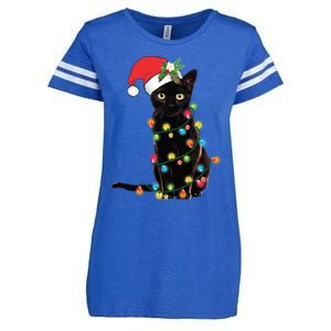 Santa Black Cat Tangled Up In Christmas Tree Lights Holiday Gift Enza Ladies Jersey Football T-Shirt