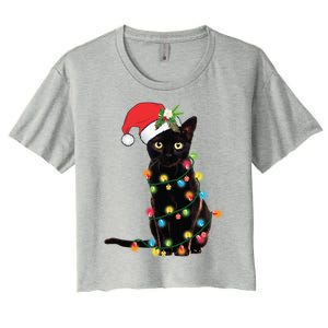 Santa Black Cat Tangled Up In Christmas Tree Lights Holiday Gift Women's Crop Top Tee