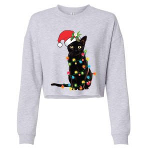 Santa Black Cat Tangled Up In Christmas Tree Lights Holiday Gift Cropped Pullover Crew