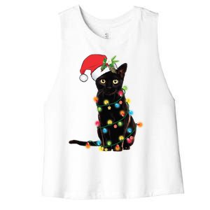 Santa Black Cat Tangled Up In Christmas Tree Lights Holiday Gift Women's Racerback Cropped Tank