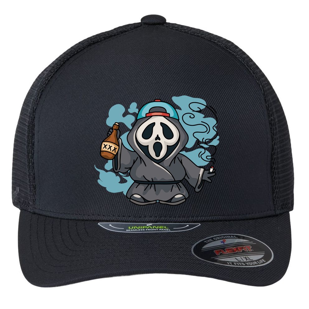 Skeleton Beer Cigar Funny Halloween Flexfit Unipanel Trucker Cap