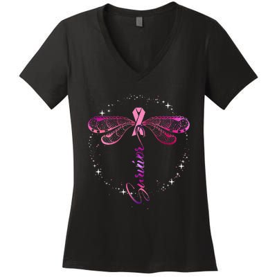 Survivor Breast Cancer Awareness Pink Ribbons Decor Women's V-Neck T-Shirt