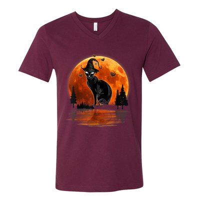 Scary Black Cat Halloween Moon V-Neck T-Shirt