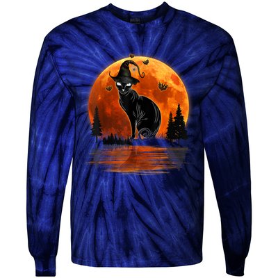 Scary Black Cat Halloween Moon Tie-Dye Long Sleeve Shirt