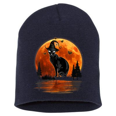 Scary Black Cat Halloween Moon Short Acrylic Beanie