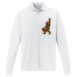 Santa Bigfoot Christmas Lights Rock Funny Sasquatch Believe Performance Long Sleeve Polo