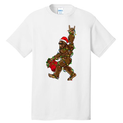 Santa Bigfoot Christmas Lights Rock Funny Sasquatch Believe Tall T-Shirt