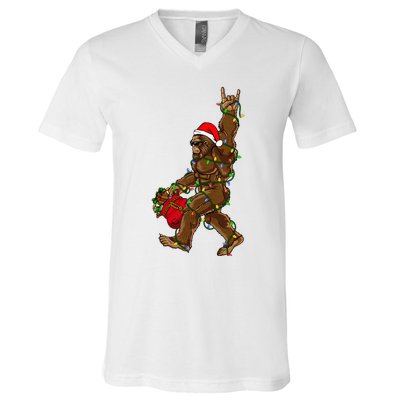 Santa Bigfoot Christmas Lights Rock Funny Sasquatch Believe V-Neck T-Shirt