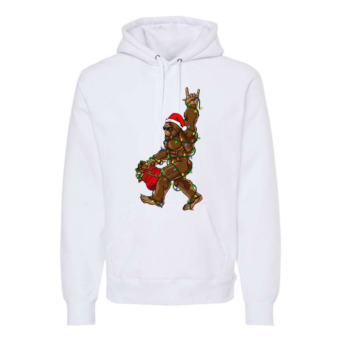 Santa Bigfoot Christmas Lights Rock Funny Sasquatch Believe Premium Hoodie