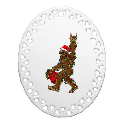 Santa Bigfoot Christmas Lights Rock Funny Sasquatch Believe Ceramic Oval Ornament