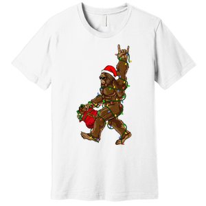 Santa Bigfoot Christmas Lights Rock Funny Sasquatch Believe Premium T-Shirt