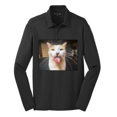 Silly Bleh Cat Meme Silk Touch Performance Long Sleeve Polo