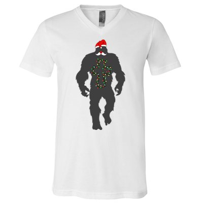 Santa Bigfoot Christmas Lights Funny Sasquatch Believe V-Neck T-Shirt