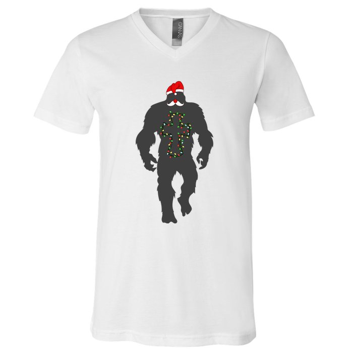 Santa Bigfoot Christmas Lights Funny Sasquatch Believe V-Neck T-Shirt