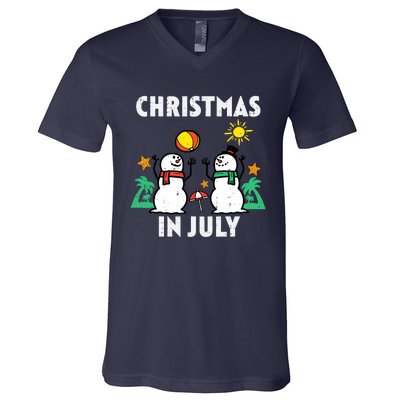 Snowman Beach Christmas In July Xmas Summer V-Neck T-Shirt