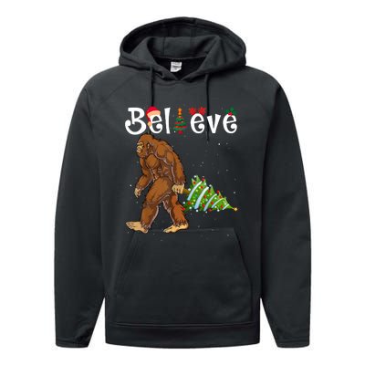 Santa Bigfoot Christmas Lights Rock Funny Sasquatch Believe Performance Fleece Hoodie