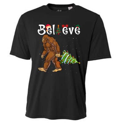 Santa Bigfoot Christmas Lights Rock Funny Sasquatch Believe Cooling Performance Crew T-Shirt