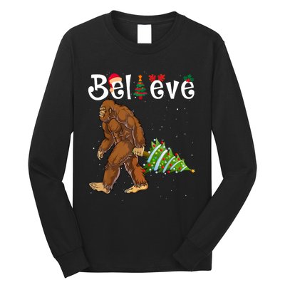 Santa Bigfoot Christmas Lights Rock Funny Sasquatch Believe Long Sleeve Shirt