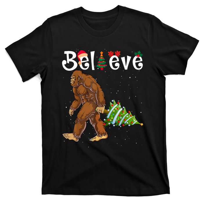 Santa Bigfoot Christmas Lights Rock Funny Sasquatch Believe T-Shirt