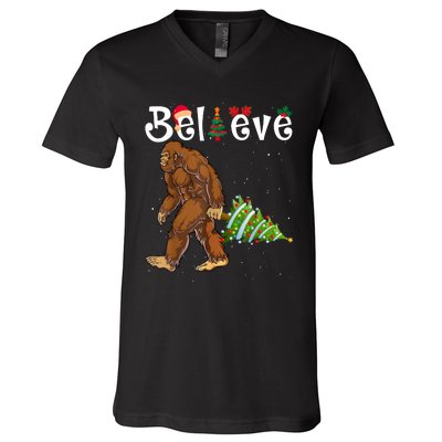 Santa Bigfoot Christmas Lights Rock Funny Sasquatch Believe V-Neck T-Shirt