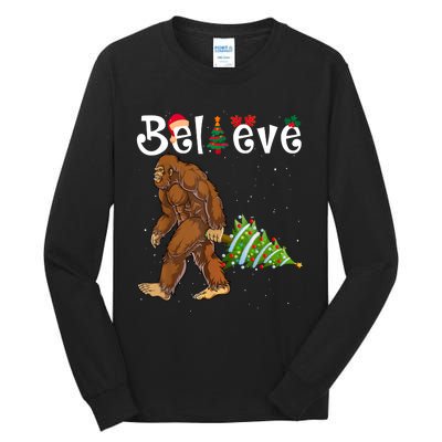 Santa Bigfoot Christmas Lights Rock Funny Sasquatch Believe Tall Long Sleeve T-Shirt