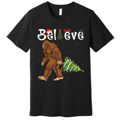 Santa Bigfoot Christmas Lights Rock Funny Sasquatch Believe Premium T-Shirt