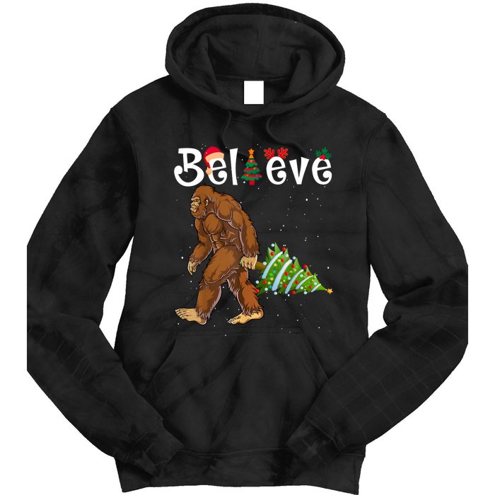 Santa Bigfoot Christmas Lights Rock Funny Sasquatch Believe Tie Dye Hoodie